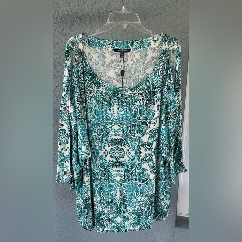 Cable & Gauge NEW Blouse Womens 3X Paisley Grommet Sleeve Boho Tunic Top Stretch